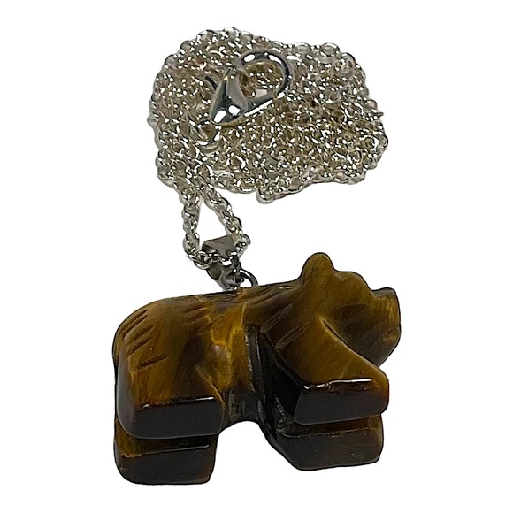 Bear tigers eye glossy metallic charm carved pendant necklace on silver chain - Picture 12 of 16